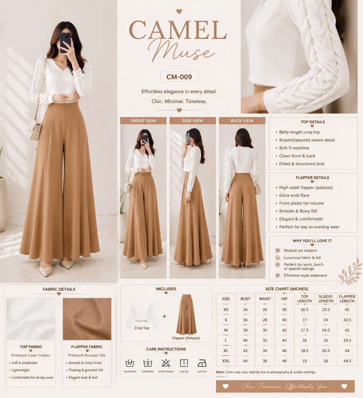 White Pleated-Sleeve Crop Top with Camel Brown Russian Silk Wide-Leg Palazzo