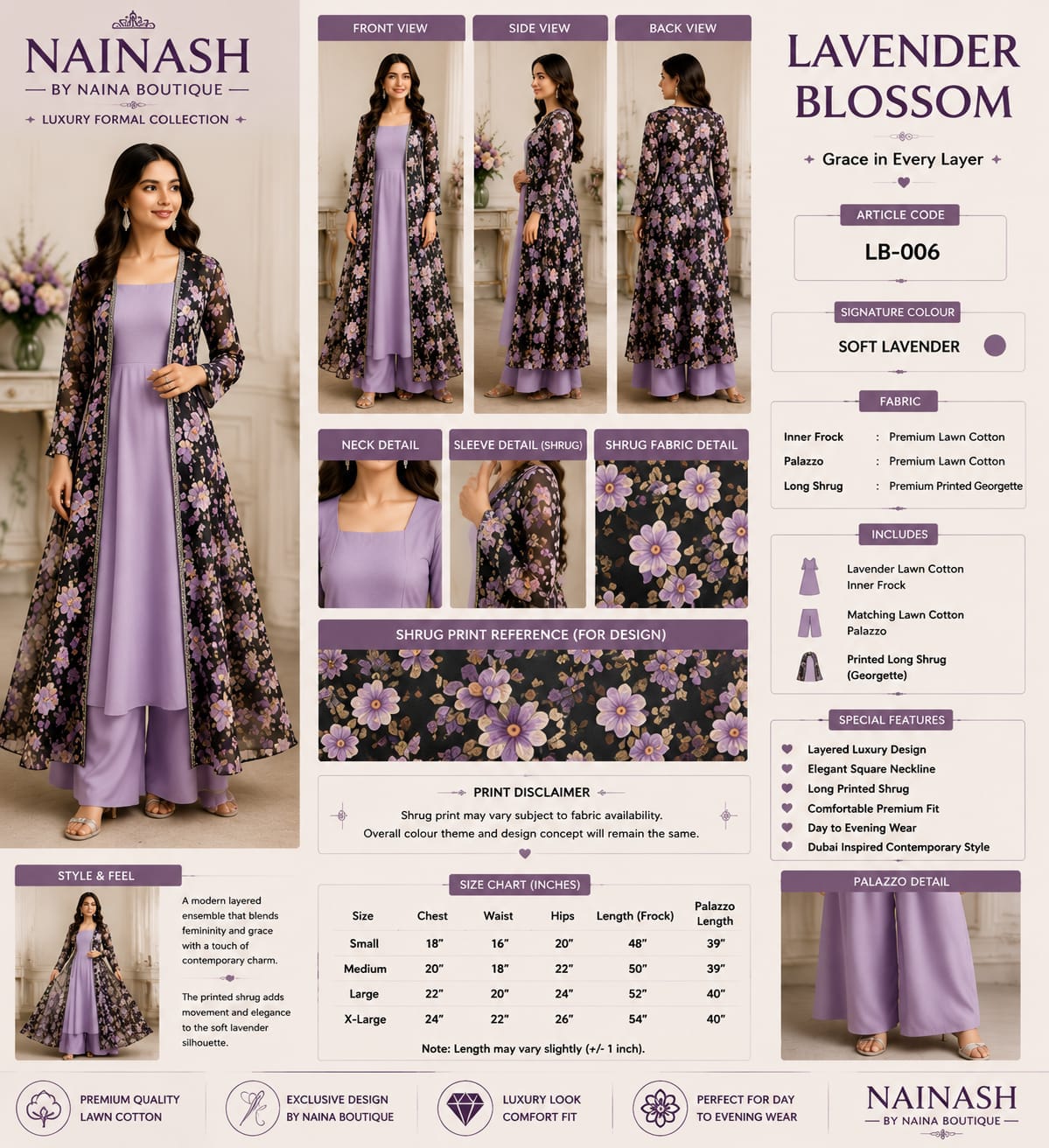 Soft Lavender Lawn Cotton Inner Frock & Palazzo with Floral Printed Shrug