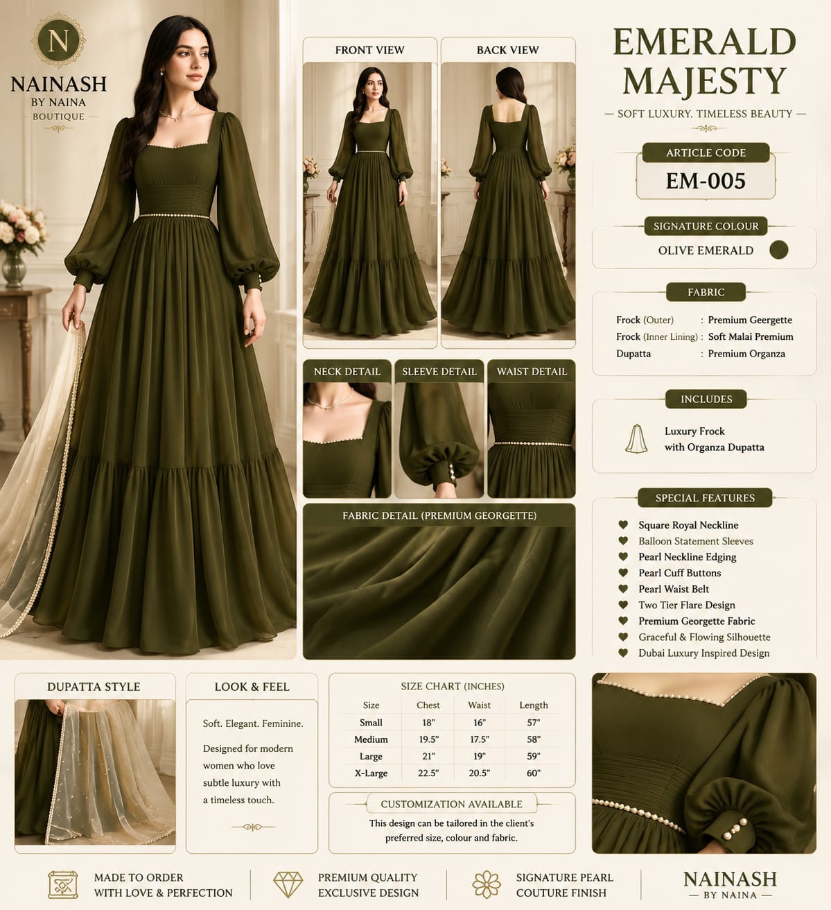 Nainash Emerald Majesty Square-Neck Balloon Sleeve Gown with Organza Dupatt