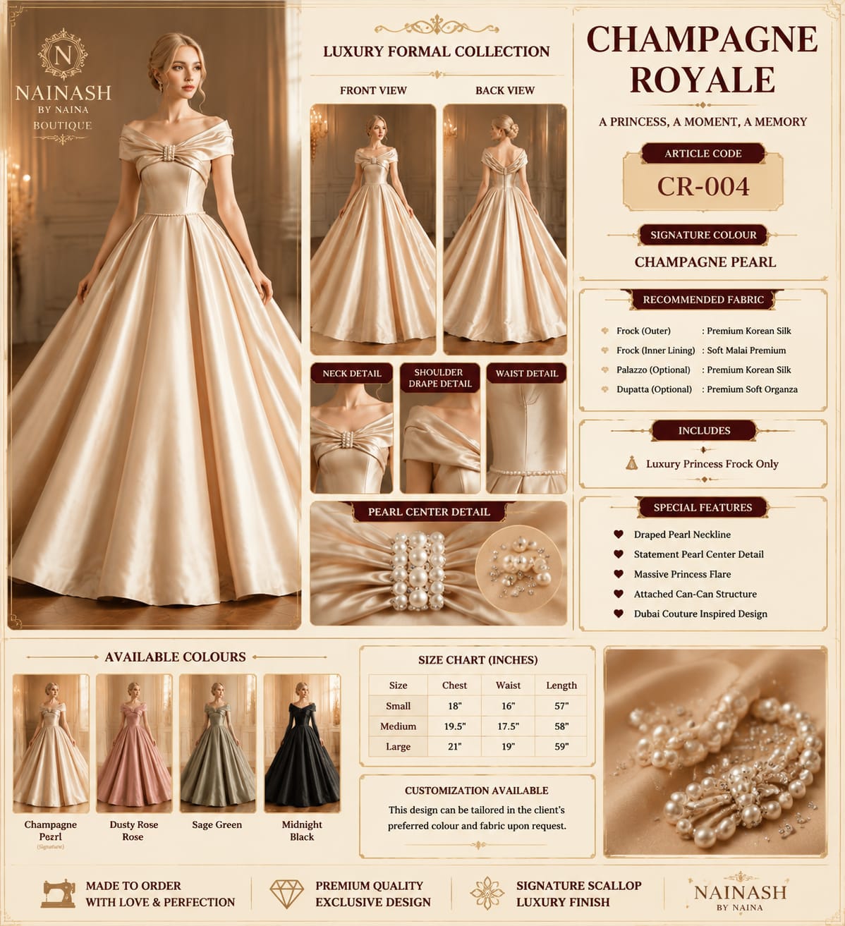 Nainash Champagne Royale Draped Pearl Bustier Maxi Dress