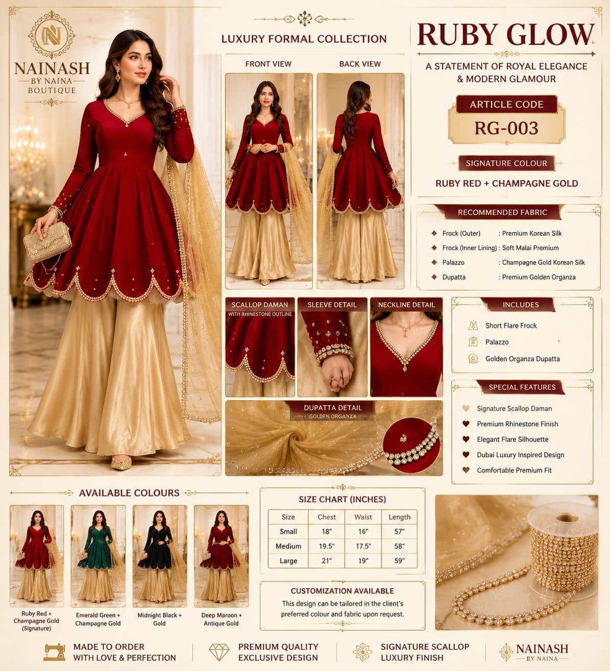 Ruby Red Scallop Daman Short Frock & Champagne Gold Korean Silk Palazzo