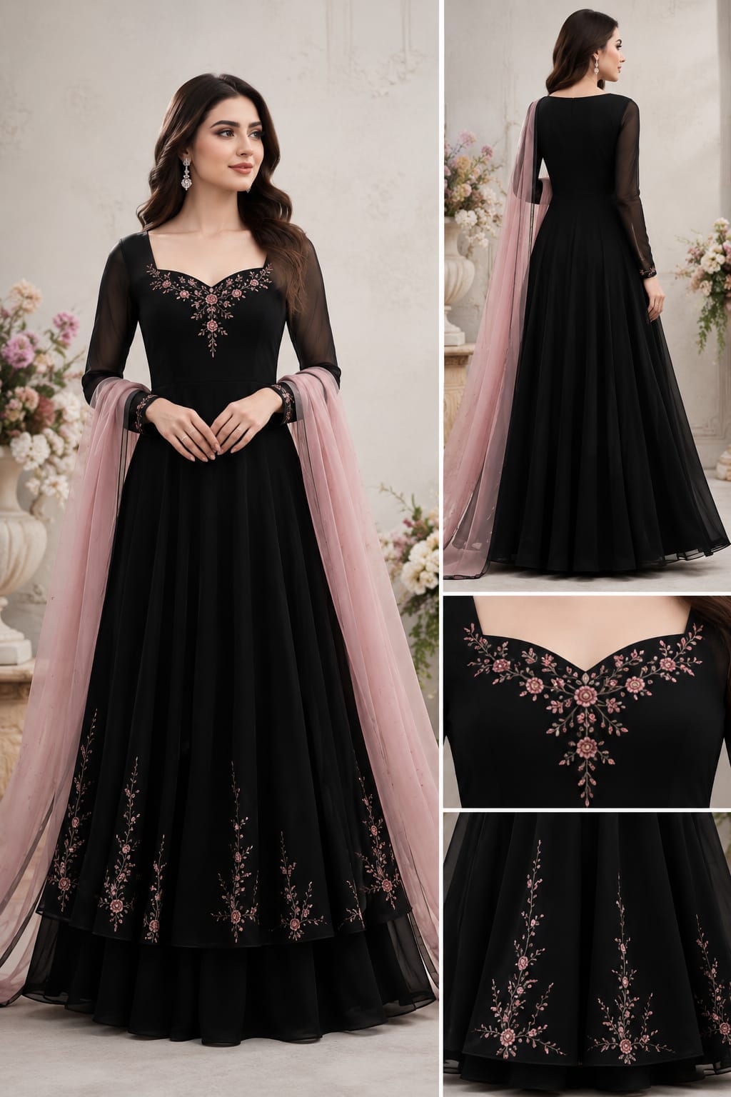 Black Layered Georgette Anarkali Dress with Delicate Pink Thread Work