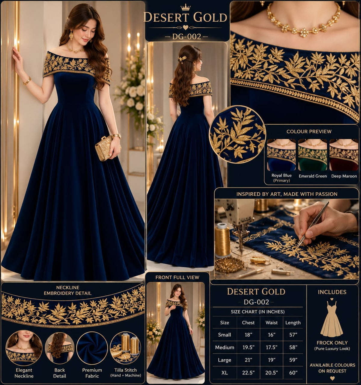Desert Gold Royal Blue Velvet Off-Shoulder Embroidered Maxi Dress