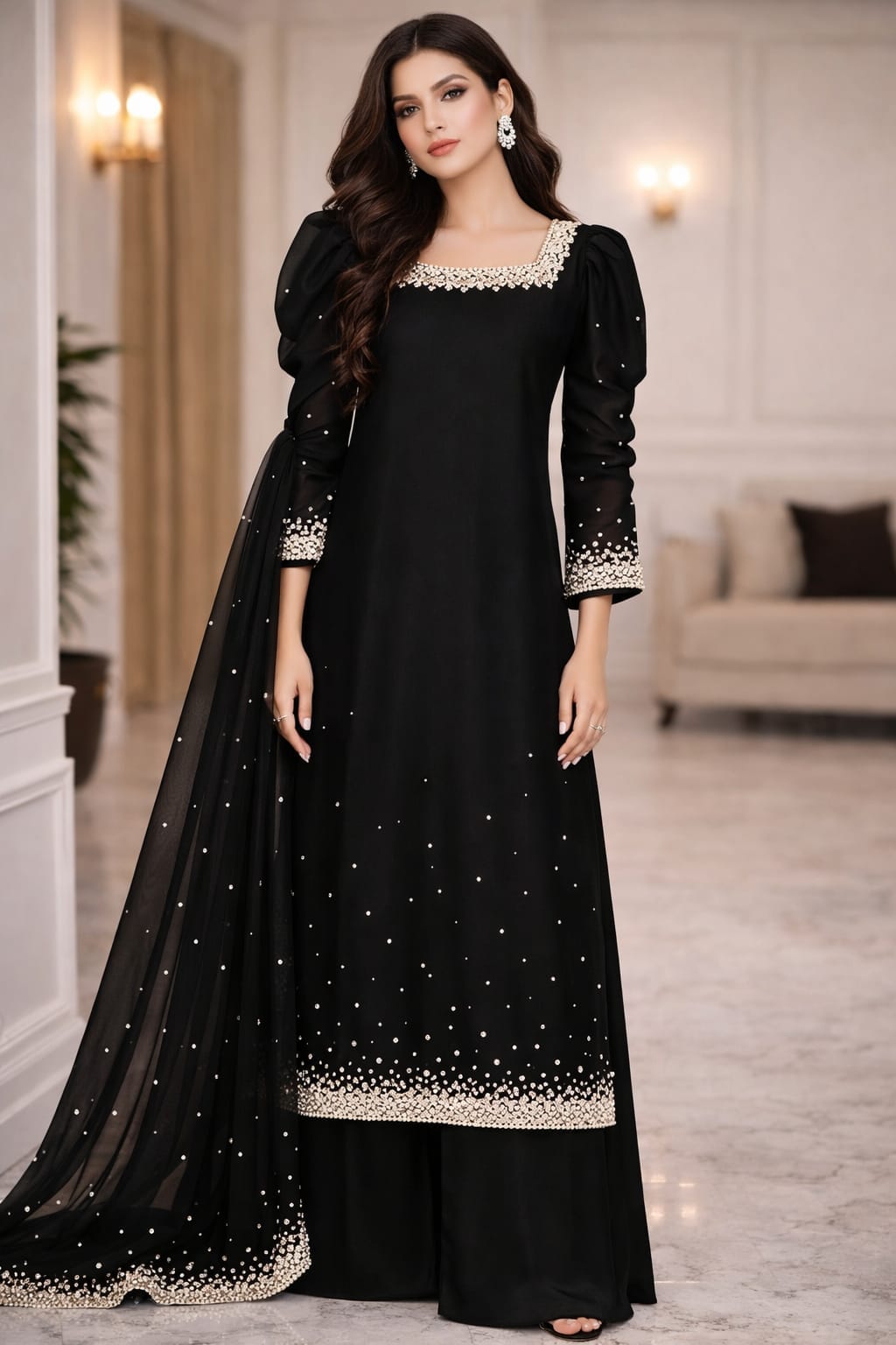 Noir Luxe Pearl & Sequence Embroidered Long Kurti with Dupatta