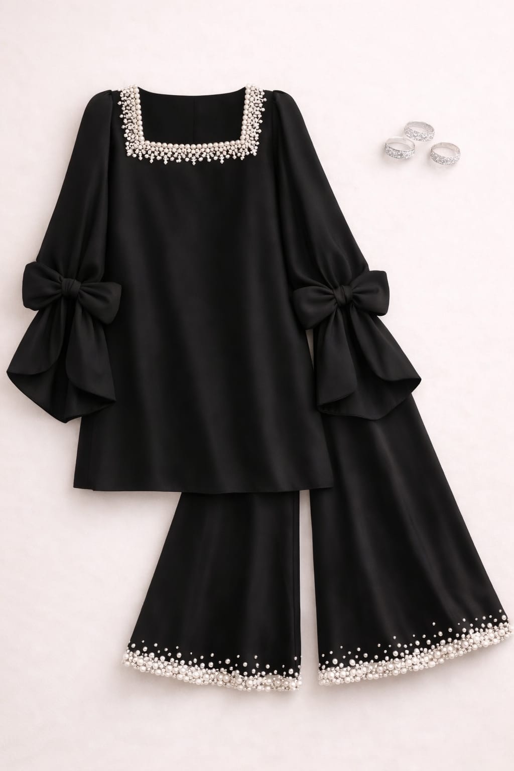 Black Pearl Neckline Tunic with Statement Bow Sleeves & Trouser