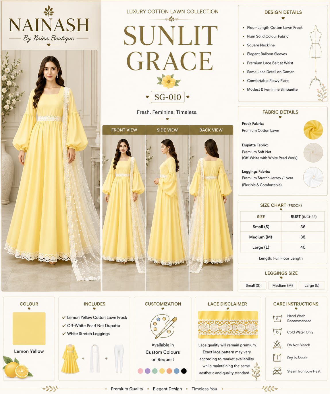 Nainash Sunlit Grace Balloon Sleeve Yellow Frock & Pearl Work Net Dupatta